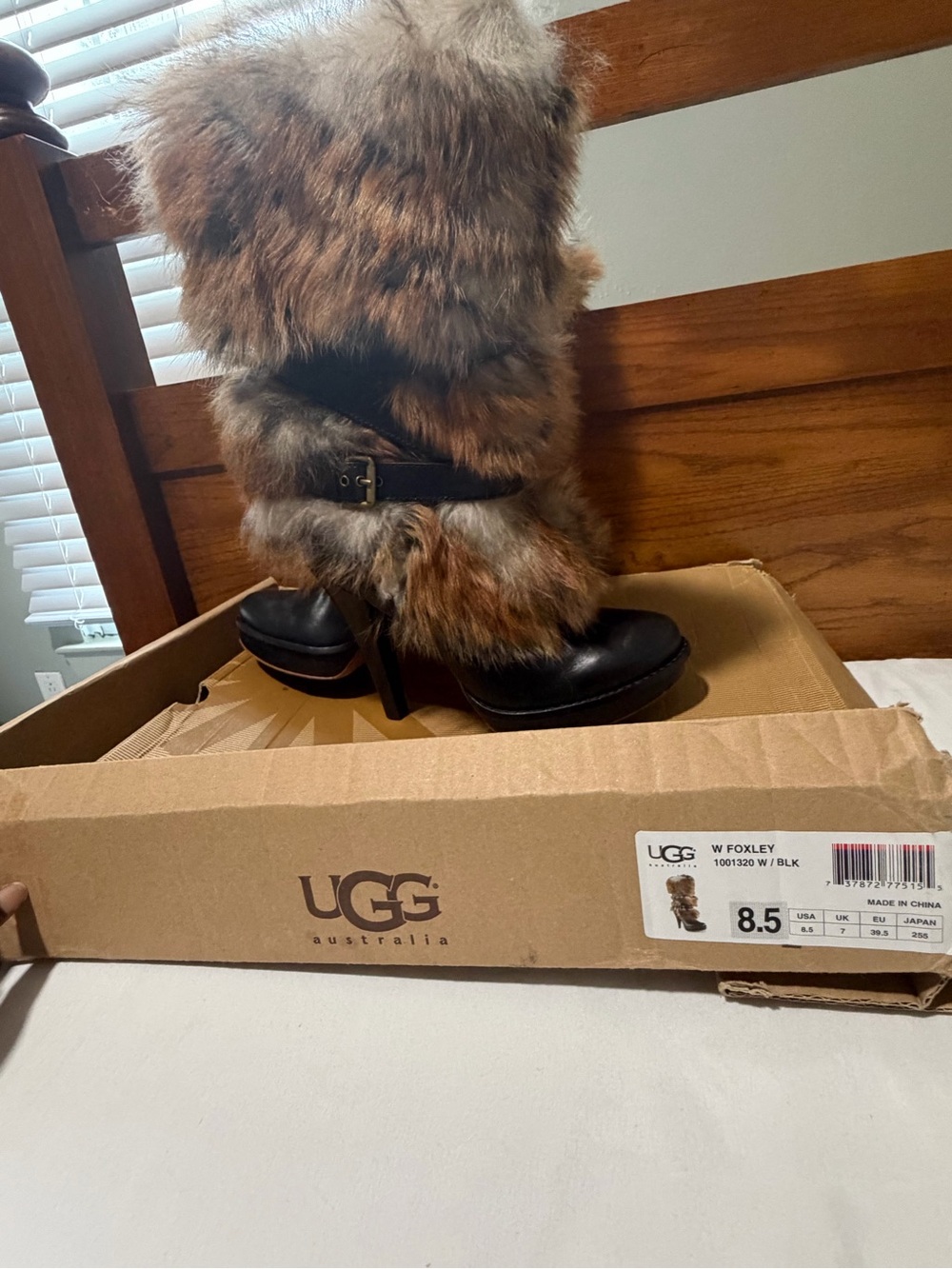 UGG Women's Foxley Tall Fur-Heel Boot in Brown and Black the box not in good